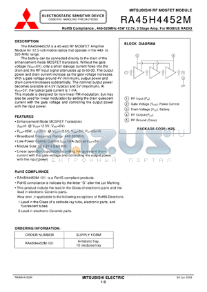 RA45H4452M-101 datasheet - RoHS Compliance , 440-520MHz 45W 12.5V, 3 Stage Amp. For MOBILE RADIO