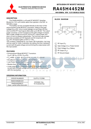 RA45H4452M-01 datasheet - 440-520MHz 45W 12.5V MOBILE RADIO