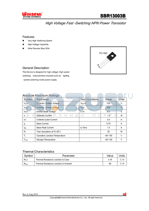 SBR13003B datasheet - High Voltage Fast -Switching NPN Power Transistor