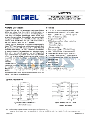 MIC5374 datasheet - Triple 200mA lCap LDO and 1mA RTC LDO in 2.5mm x 2.5mm Thin MLF^