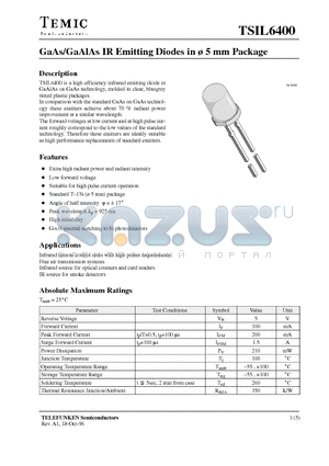 TSIL6400 datasheet - GaAs/GaAlAs IR Emitting Diodes in  5 mm Package