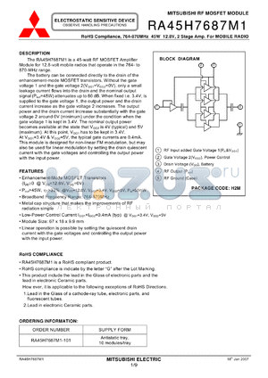RA45H7687M1 datasheet - RoHS Compliance, 764-870MHz 45W 12.8V, 2 Stage Amp. For MOBILE RADIO