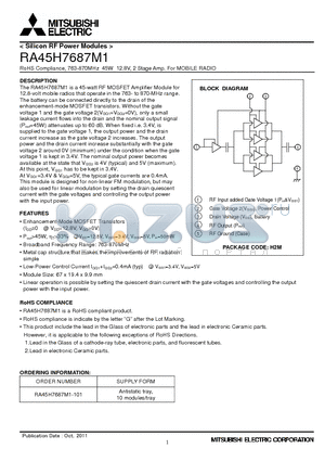 RA45H7687M1 datasheet - RoHS Compliance, 763-870MHz 45W 12.8V, 2 Stage Amp. For MOBILE RADIO