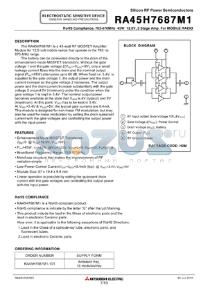 RA45H7687M1_10 datasheet - 763-870MHz 45W 12.8V, 2 Stage Amp. For MOBILE RADIO