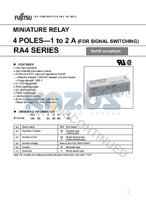 RA4L-12W-K datasheet - MINIATURE RELAY 4 POLES-1 to 2 A (FOR SIGNAL SWITCHING)