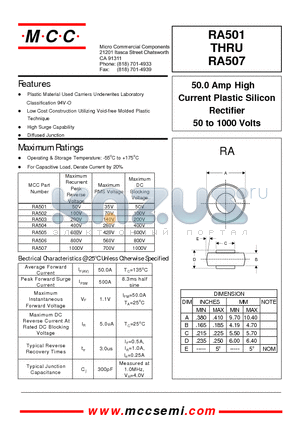 RA501 datasheet - 50.0 Amp High Current Plastic Silicon Rectifier 50 to 1000 Volts