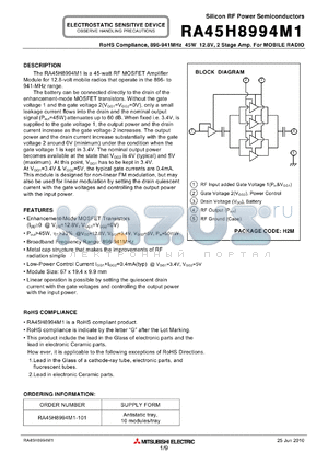 RA45H8994M1-101 datasheet - 896-941MHz 45W 12.8V, 2 Stage Amp. For MOBILE RADIO