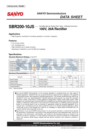 SBR200-10JS datasheet - Schottky Barrier Diode (Twin Type g Cathode Common) 100V, 20A Rectifier