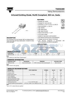 TSKS5400_08 datasheet - Infrared Emitting Diode, RoHS Compliant, 950 nm, GaAs