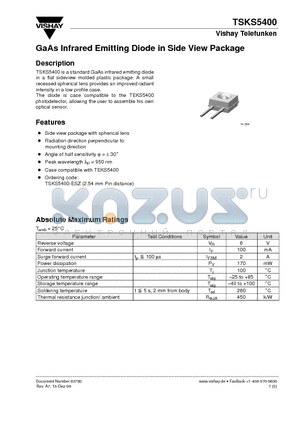 TSKS5400 datasheet - GaAs Infrared Emitting Diode in Side View Package