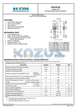 SBR20100 datasheet - 20 Amp Schottky Barrier Rectifiers