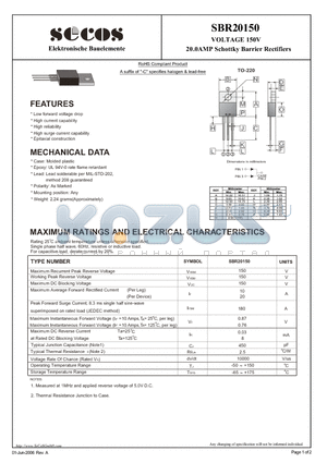 SBR20150 datasheet - VOLTAGE 150V 20.0AMP Schottky Barrier Rectifiers