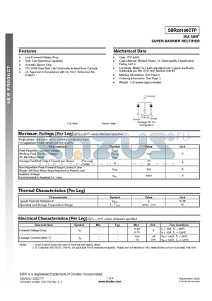 SBR20100CTP datasheet - 20A SBR SUPER BARRIER RECTIFIER