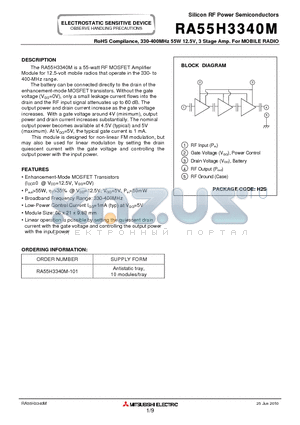 RA55H3340M_10 datasheet - 330-400MHz 55W 12.5V, 3 Stage Amp. For MOBILE RADIO