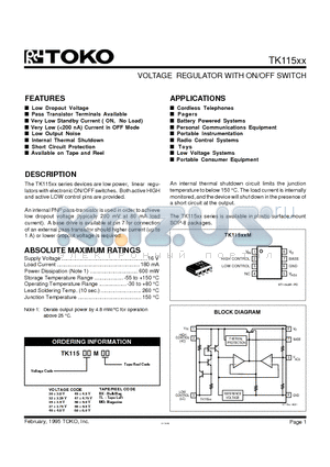 TK11540MBX datasheet - VOLTAGE REGULATOR WITH ON/OFF SWITCH