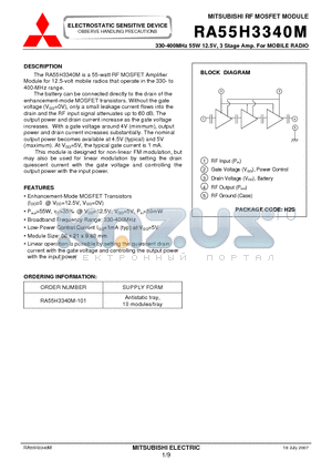 RA55H3340M-101 datasheet - 330-400MHz 55W 12.5V, 3 Stage Amp. For MOBILE RADIO