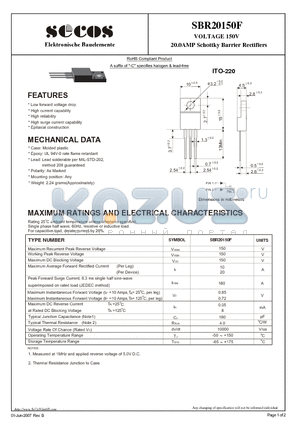 SBR20150F datasheet - VOLTAGE 150V 20.0AMP Schottky Barrier Rectifiers