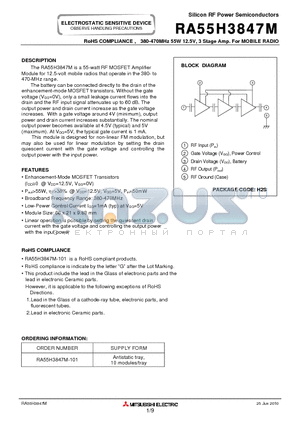 RA55H3847M datasheet - 380-470MHz 55W 12.5V, 3 Stage Amp. For MOBILE RADIO