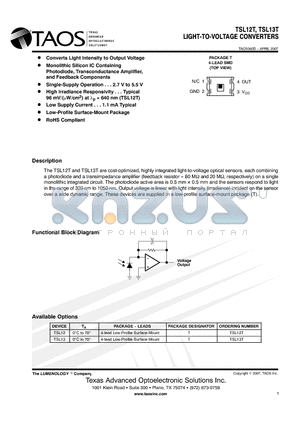 TSL12 datasheet - LIGHT-TO-VOLTAGE CONVERTERS