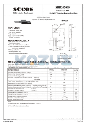 SBR20200F datasheet - VOLTAGE 200V 20.0AMP Schottky Barrier Rectifiers
