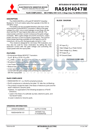 RA55H4047M datasheet - RF MOSFET MODULE 400-470MHz 55W 12.5V, 3 Stage Amp. For MOBILE RADIO