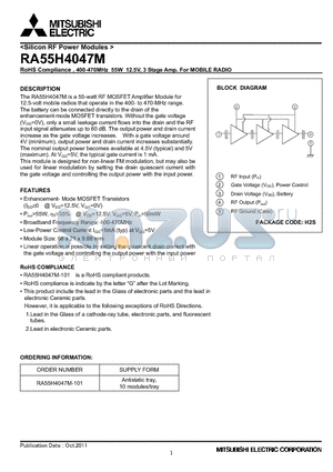 RA55H4047M datasheet - RoHS Compliance , 400-470MHz 55W 12.5V, 3 Stage Amp. For MOBILE RADIO