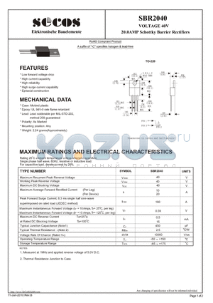 SBR2040 datasheet - VOLTAGE 40V 20.0AMP Schottky Barrier Rectifiers