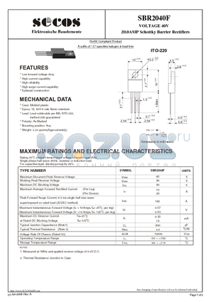 SBR2040F datasheet - VOLTAGE 40V 20.0AMP Schottky Barrier Rectifiers