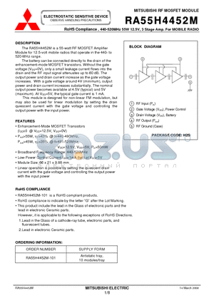 RA55H4452M-101 datasheet - RF MOSFET MODULE 440-520MHz 55W 12.5V, 3 Stage Amp. For MOBILE RADIO