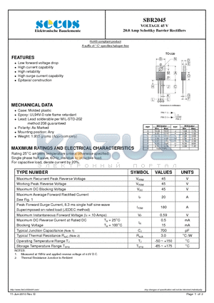 SBR2045 datasheet - 20.0 Amp Schottky Barrier Rectifiers