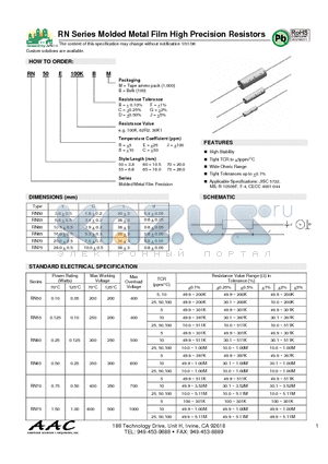 RN55J100GB datasheet - RN Series Molded Metal Film High Precision Resistors