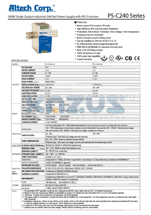 PS-C240 datasheet - 240W Single Output Industrial DIN Rail Power Supply with PFC Function