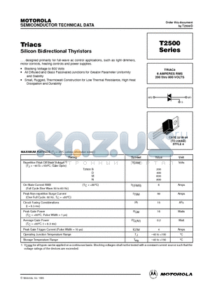 T2500 datasheet - TRIACs 6 AMPERES RMS 200 thru 800 VOLTS