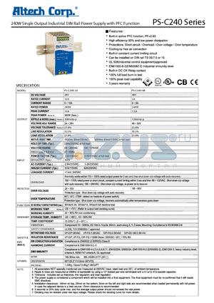 PS-C240-24 datasheet - 240W Single Output Industrial DIN Rail Power Supply with PFC Function