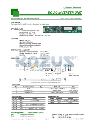 PS-DA0105-01S datasheet - DC-AC INVERTER UNIT 4 W SINGLE OUTPUTS