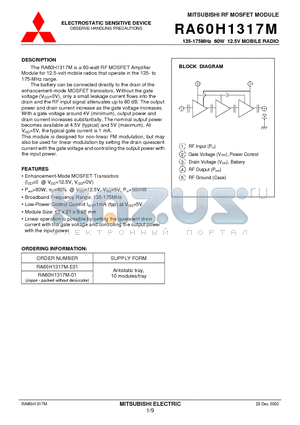 RA60H1317M-01 datasheet - 135-175MHz 60W 12.5V MOBILE RADIO