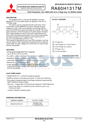 RA60H1317M-101 datasheet - RoHS Compliance ,135-175MHz 60W 12.5V, 3 Stage Amp. For MOBILE RADIO