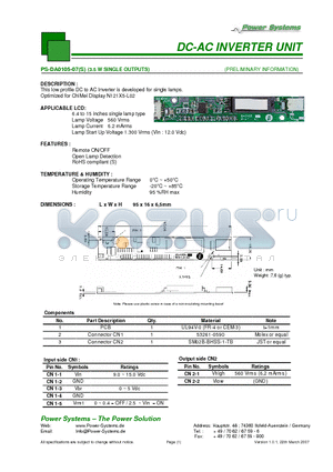 PS-DA0105-07 datasheet - DC-AC INVERTER UNIT 3.5 W SINGLE OUTPUTS