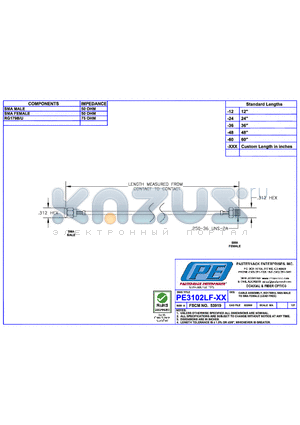 PE3102LF datasheet - CABLE ASSEMBLY RG179B/U  SMA MALE TO SMA FEMALE (LEAD FREE)