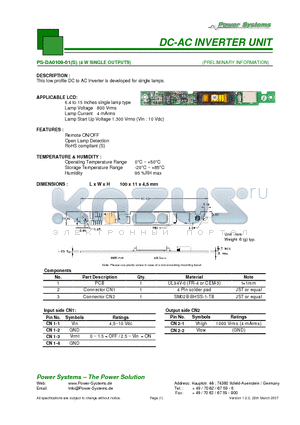 PS-DA0109-01 datasheet - DC-AC INVERTER UNIT 4 W SINGLE OUTPUTS