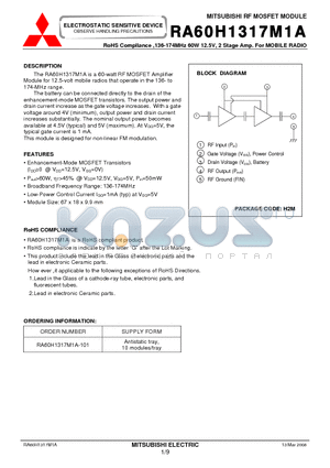 RA60H1317M1A datasheet - RF MOSFET MODULE 136-174MHz 60W 12.5V, 2 Stage Amp. For MOBILE RADIO