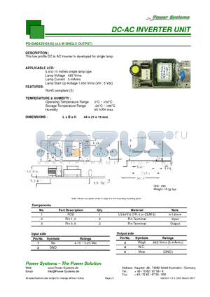 PS-DA0125-01 datasheet - DC-AC INVERTER UNIT 4.5 W SINGLE OUTPUT