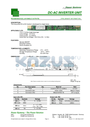 PS-DA0104-01S datasheet - DC-AC INVERTER UNIT 4 W SINGLE OUTPUTS