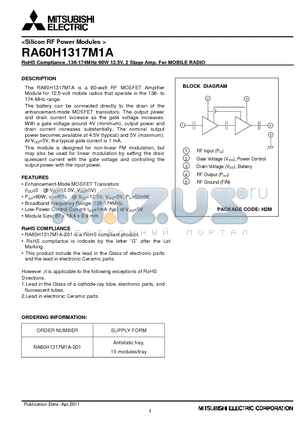 RA60H1317M1A-201 datasheet - 136-174MHz 60W 12.5V, 2 Stage Amp. For MOBILE RADIO