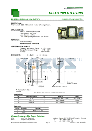 PS-DA0125-02S datasheet - DC-AC INVERTER UNIT 4.5 W DUAL OUTPUTS