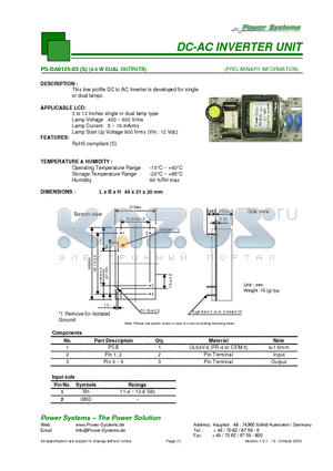 PS-DA0125-03 datasheet - DC-AC INVERTER UNIT 4.5 W DUAL OUTPUTS