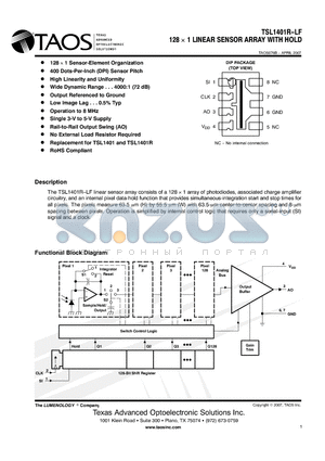 TSL1401R-LF datasheet - 128  1 LINEAR SENSOR ARRAY WITH HOLD