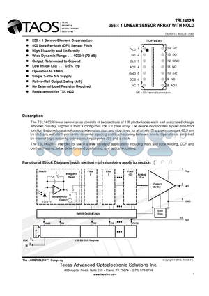 TSL1402R datasheet - 256 X 1 LINEAR SENSOR ARRAY WITH HOLD