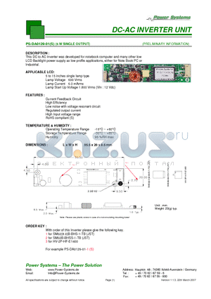 PS-DA0129-01 datasheet - DC-AC INVERTER UNIT 5 W SINGLE OUTPUT