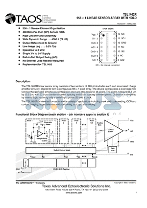 TSL1402R datasheet - 256  1 LINEAR SENSOR ARRAY WITH HOLD